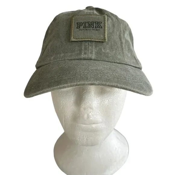 Victoria Secret PINK Baseball Cap Patch Logo Olive Green Cotton Adjustable Y2K - Picture 1 of 10